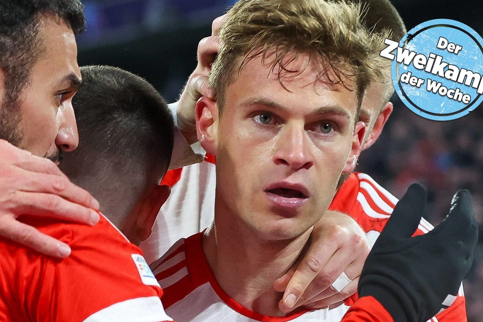 Bayern-Star Joshua Kimmich nach seinem Siegtor gegen Arsenal im Viertelfinal-Rückspiel der Champions League. Sein Vertrag bei Bayern läuft 2025 aus, seine Zukunft ist ungeklärt.