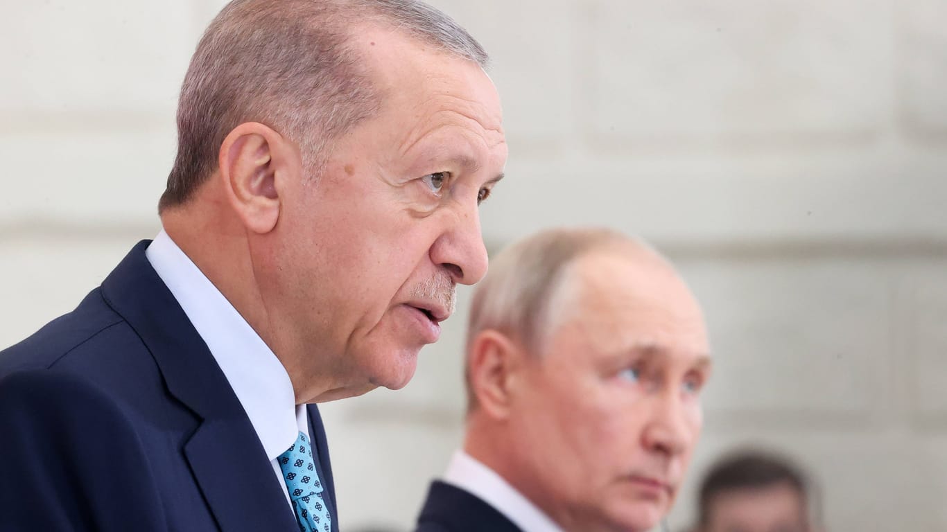 Recep Tayyip Erdogan (l.) und Wladimir Putin bei einem Treffen. Die beiden Präsidenten haben offenbar einen Weg gefunden, russisches Öl in die EU zu bringen (Archivbild).