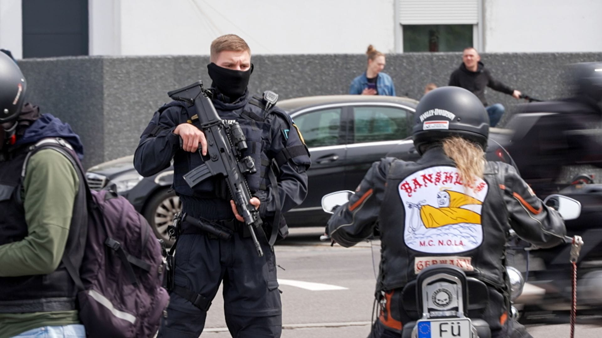 Ein Mitglied der Bandidos beim Bikertreffen in Nürnberg: Das USK rückte an, weil Bandidos, Hells Angels und Outlaws in Streit geraten sind.