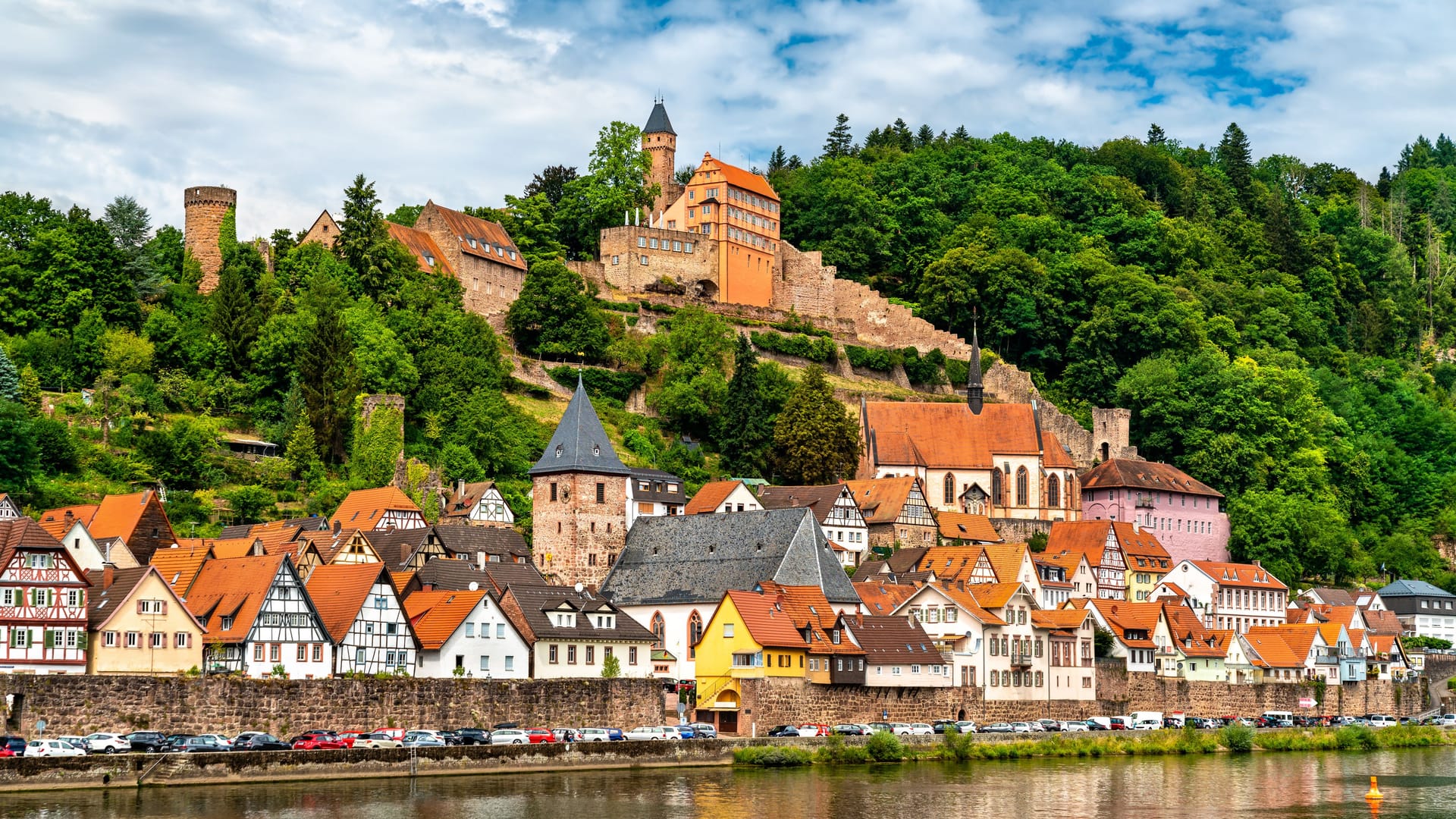 Hirschhorn town and castle on the Neckar river in Hesse, Germany