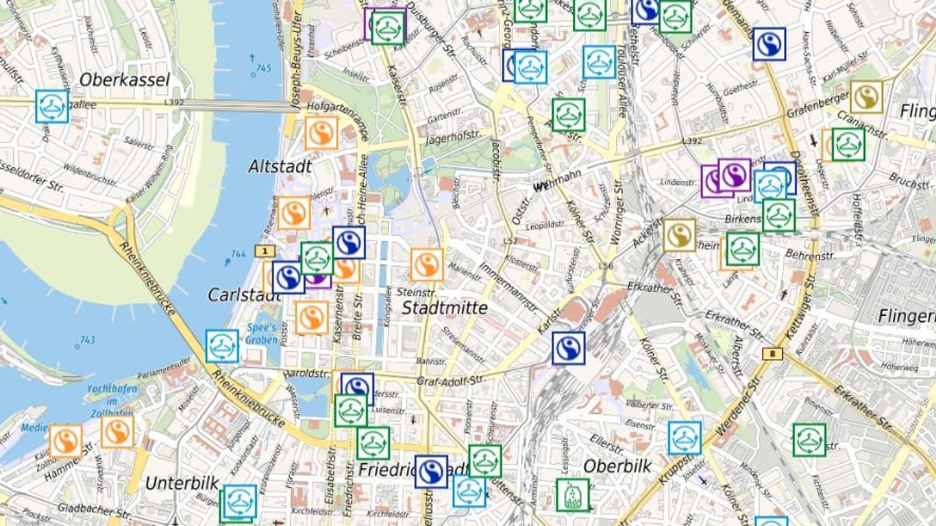 Ein Ausschnitt der Karte auf Düsseldorf Maps mit den neuen Kategorien zum Thema Nachhaltigkeit.
