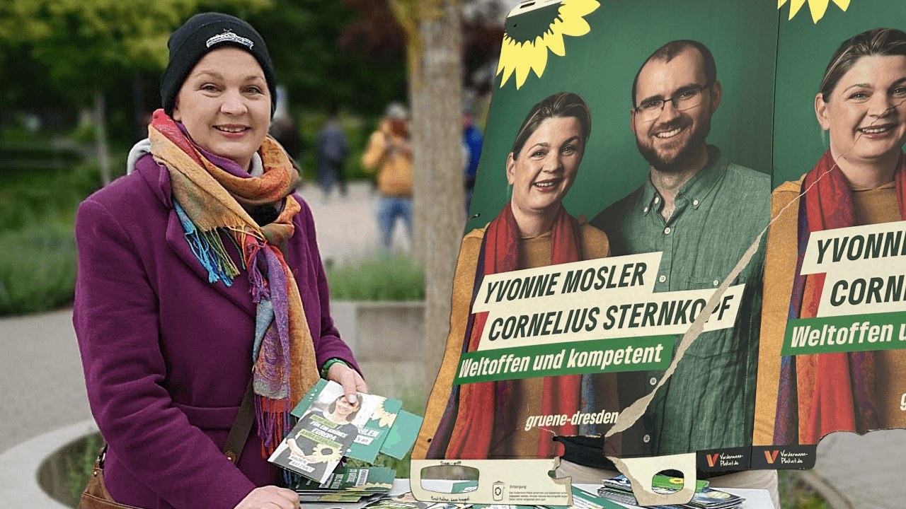 Yvonne Mosler (Grüne) bei ihrem Wahlkampfstand am Dienstagnachmittag: Wenig später eskalierte die Situation – ein Wahlplakat wurde heruntergerissen und ihr ins Gesicht gespuckt.