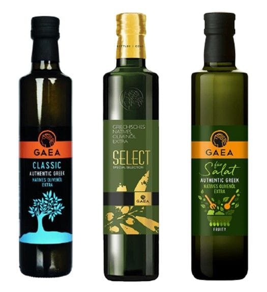 Drei Sorten GAEA Olivenöl: Classic, Select und Salatöl.
