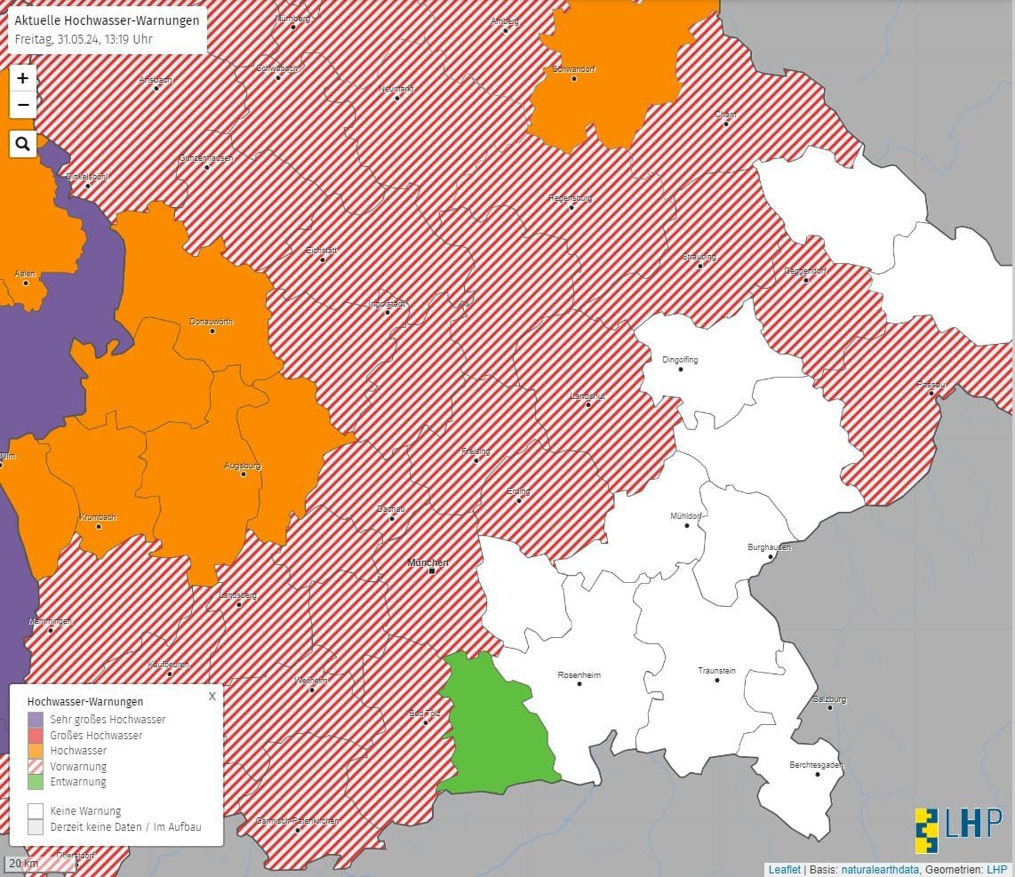 In Bayern werden verschiedene Landkreise vor Hochwasser gewarnt, aber es gibt auch Gegenden, die zurzeit nur mit einer Vorwarnung bedacht werden. Die Lage kann sich aber schnell ändern, melden die Hochwasserzentralen.