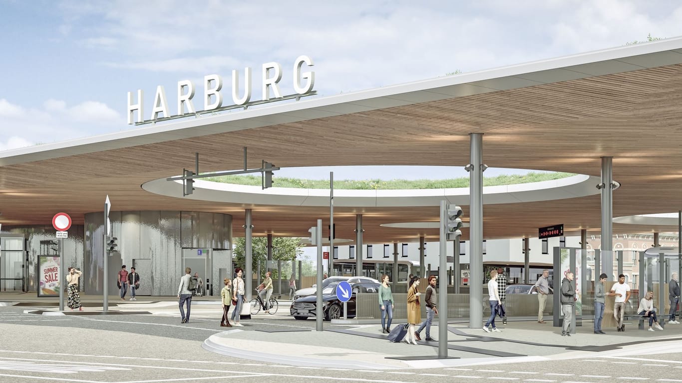 So soll der neue Busbahnhof in Harburg aussehen: Die Hochbahn plant, ihn im Frühsommer 2026 zu eröffnen.