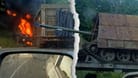 Russischer Panzertransport in Flammen