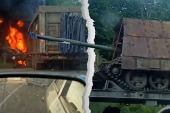 Russischer Panzertransport in Flammen