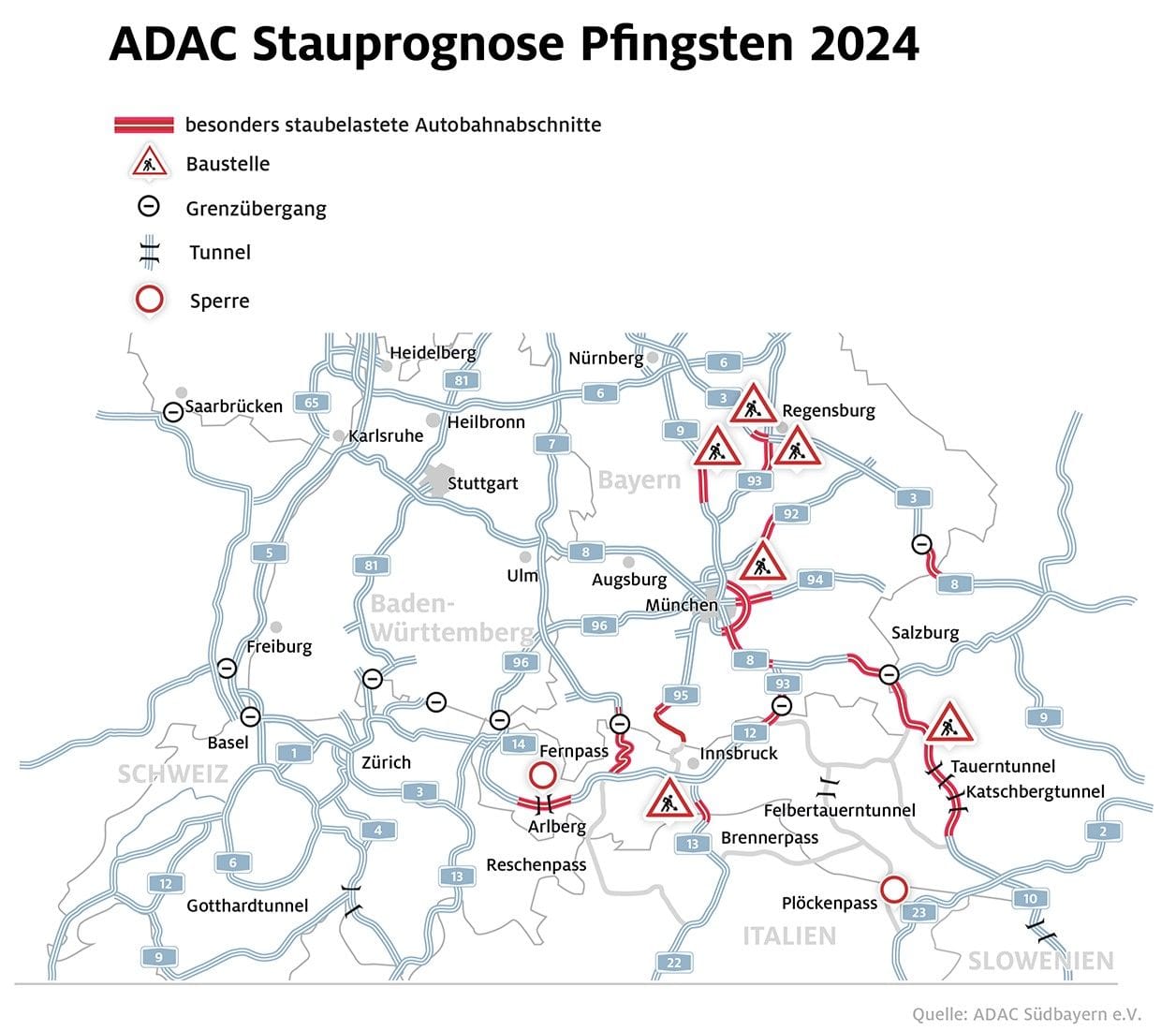 Auf den markierten Autobahnen ist laut dem ADAC an Pfingsten das Staurisiko am größten.