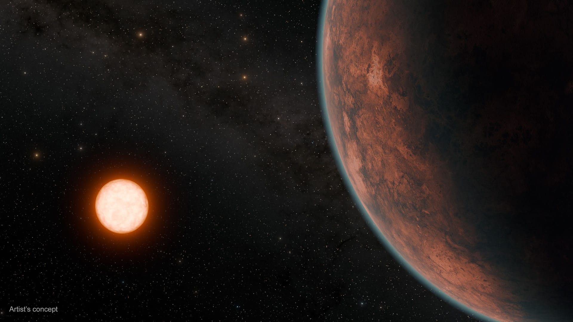 Diese von einem Künstler entworfene Darstellung zeigt den Planeten Gliese 12 b vor seinem Stern, einem Roten Zwerg.