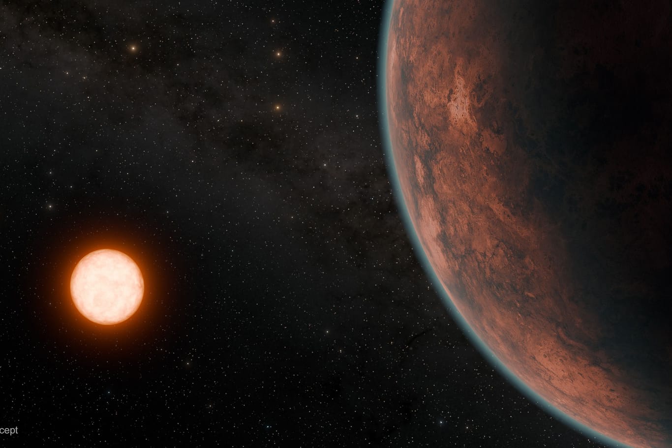 Diese von einem Künstler entworfene Darstellung zeigt den Planeten Gliese 12 b vor seinem Stern, einem Roten Zwerg.