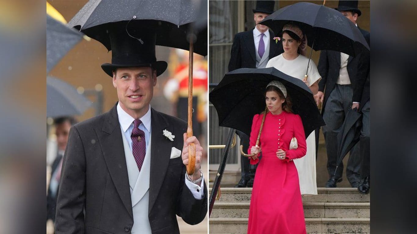 Prinz William, Prinzessin Beatrice (u.) und Prinzessin Eugenie (o.) besuchen eine Gartenparty.