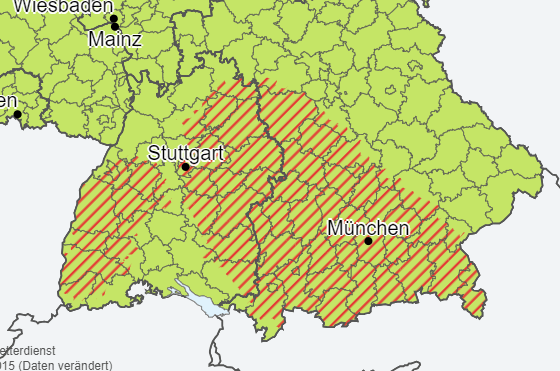 Im rot-markierten Gebiet warnt der Deutsche Wetterdienst vor Unwettern.