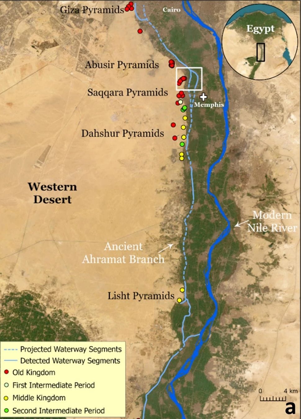Die Karte aus der Studie zeigt, wie der jetzt entdeckte Flussarm des Nil an den Pyramiden entlang läuft.