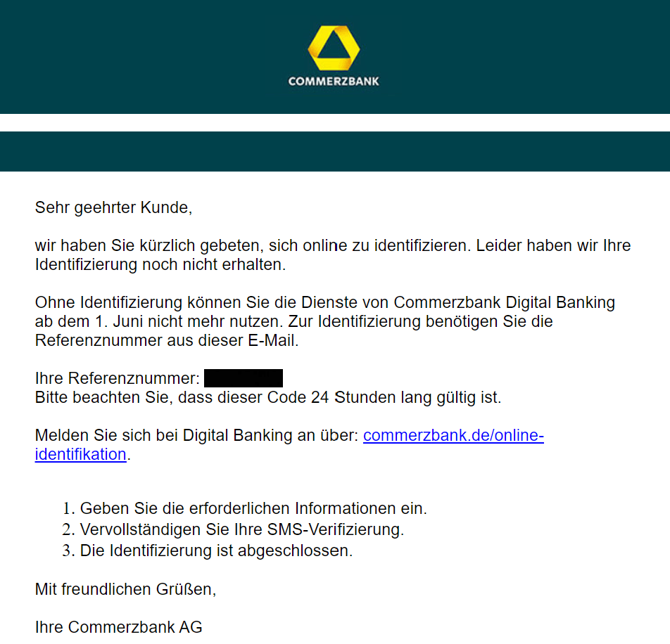 Die Phishing-Mail, die im Namen der Commerzbank versandt wurde und zurzeit kursiert.
