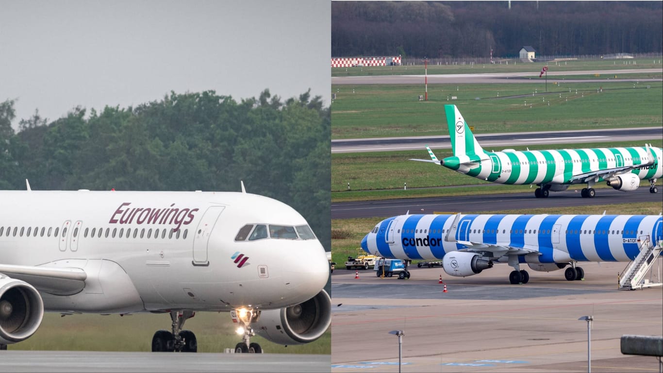 Flugzeuge von Eurowings und Condor: Der Flughafen will 2024 rund 300.000 mehr Passagiere abfertigen als 2023.
