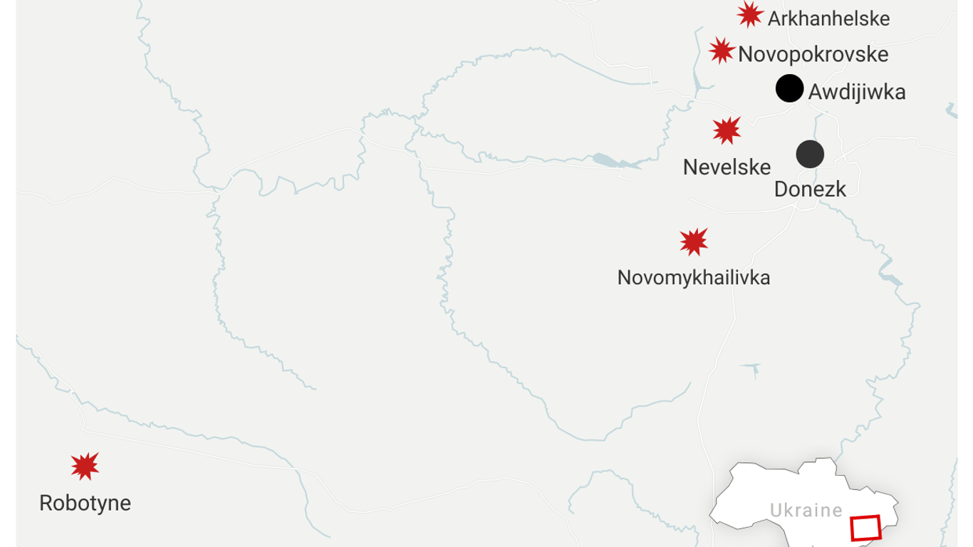 Eine Karte der südostlichen Ukraine: Russische Truppen rücken bei Donezk und in der Region Saporischschja vor.