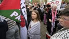 Schweden, Malmö: Die schwedische Klimaaktivistin Greta Thunberg (Mitte) nimmt an der «Stop Israel»-Demonstration teil.
