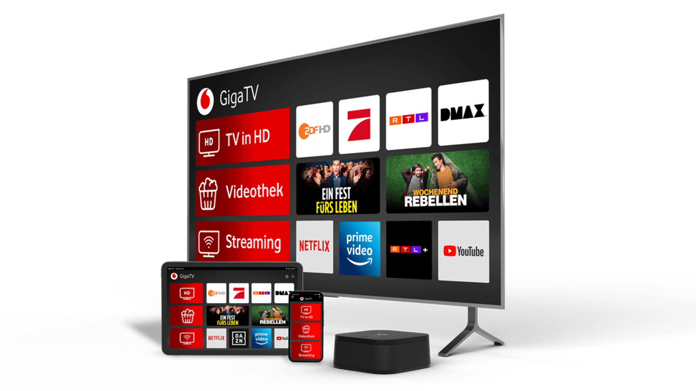 Vodafones neue Generation "GigaTV": Kabel- und Internetfernsehen aus einer TV-Box mitsamt der passenden App für Smartphone und Tablet.