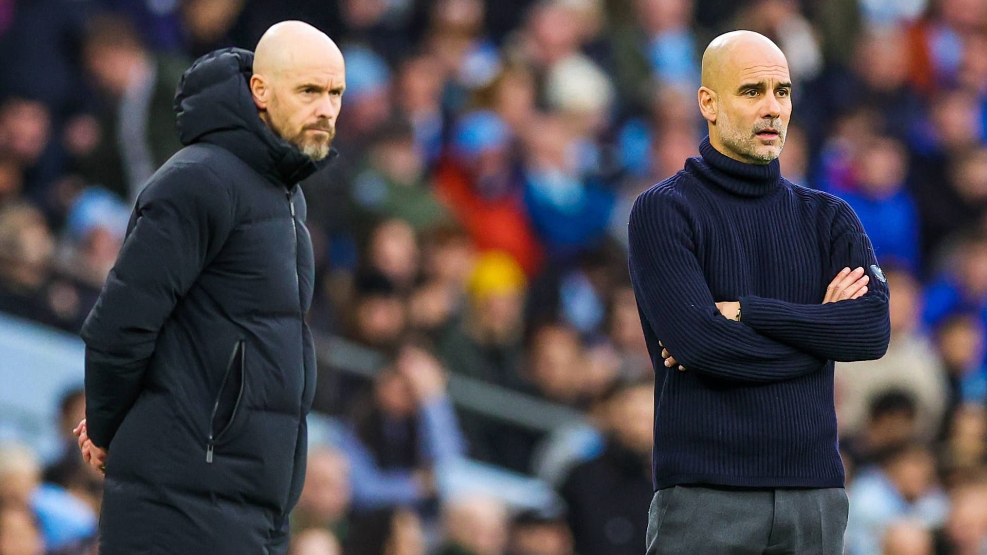 Erik ten Hag und Pep Guardiola (r.): Beide trainieren aktuell die Manchester Klubs.