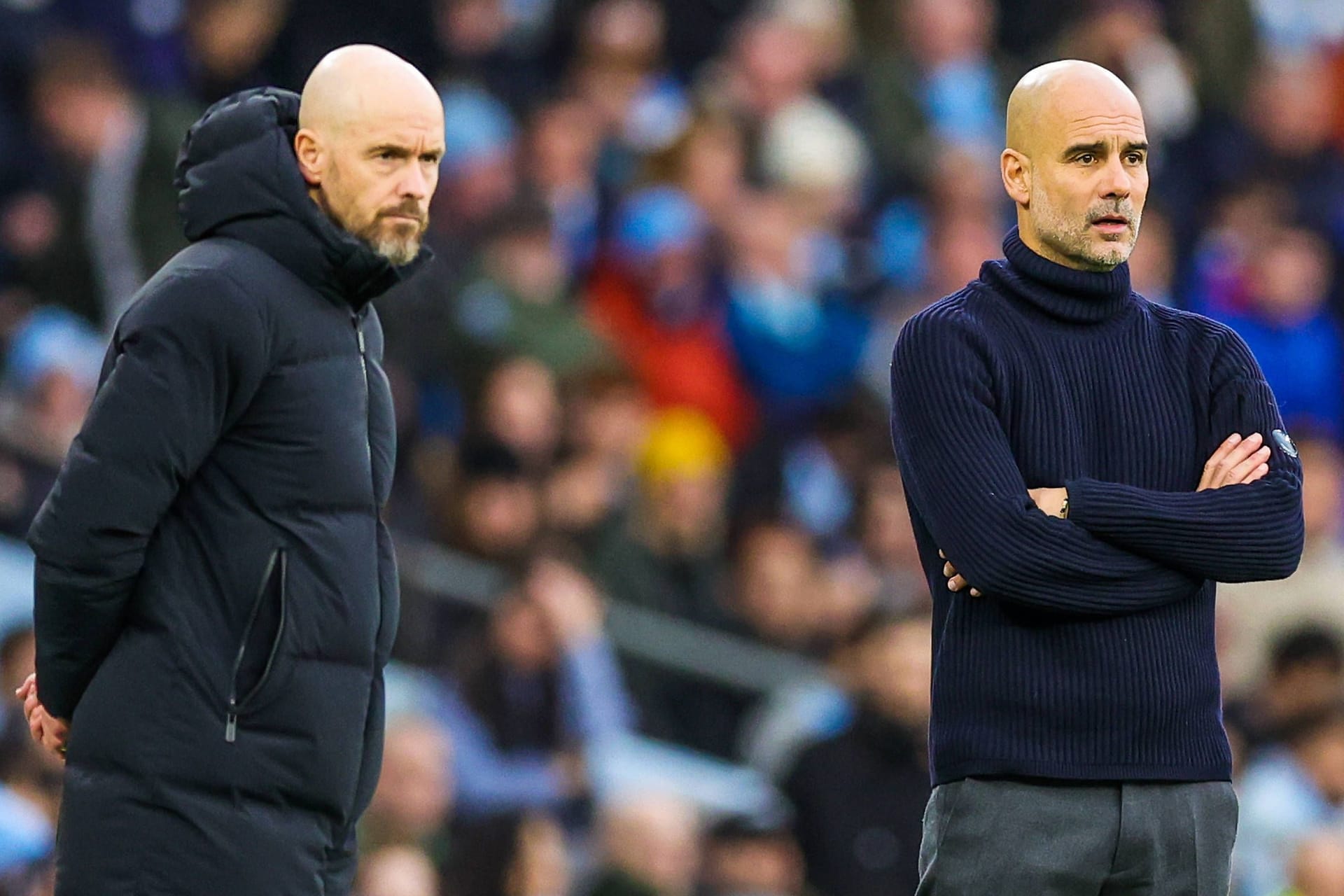 Erik ten Hag und Pep Guardiola (r.): Beide trainieren aktuell die Manchester Klubs.