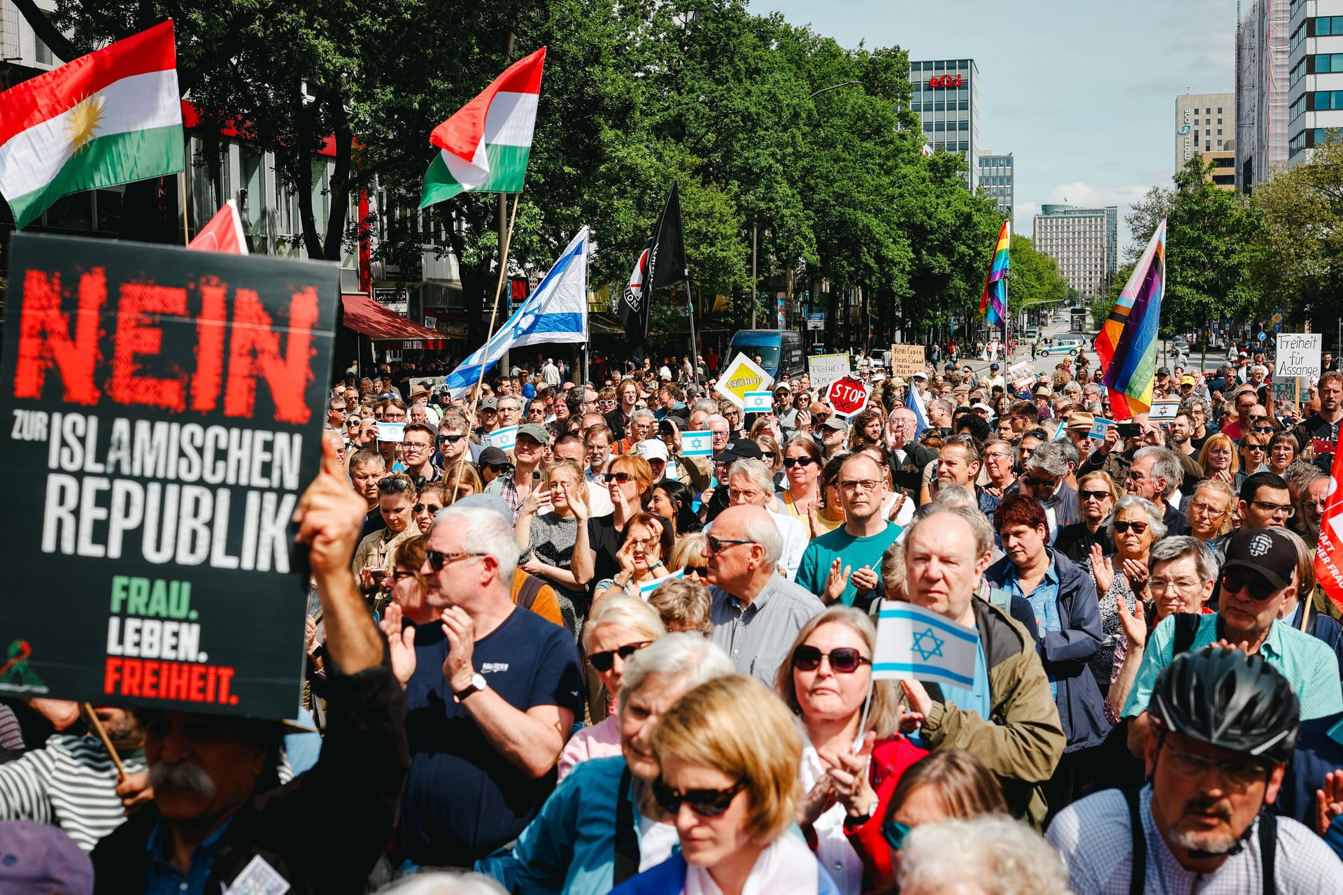 Demonstranten protestieren auf dem Steindamm: Die Demonstration in St. Georg war als Gegenkundgebung zu einer von Islamisten organisierten Versammlung geplant.