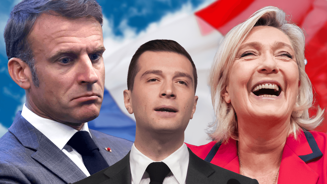 Macron, Bardella und Le Pen: In Frankreich stehen Neuwahlen an. Die Rechten könnten dabei als Sieger herausgehen.