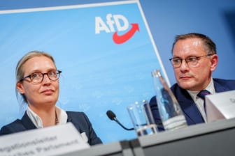 EU-Wahl-Gewinner ohne Antworten. Alice Weidel, AfD-Parteivorsitzende und Tino Chrupalla, AfD-Bundesvorsitzender.