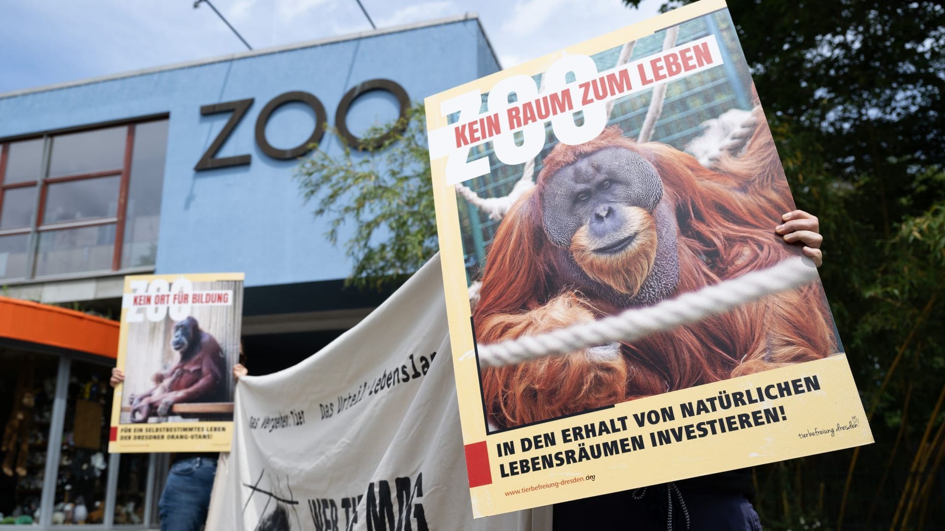 Demonstranten stehen mit Transparenten und Schildern vor dem Zoo Dresden: Auf den Plakaten steht "Kein Raum zum Leben" oder "Kein Platz für Bildung".