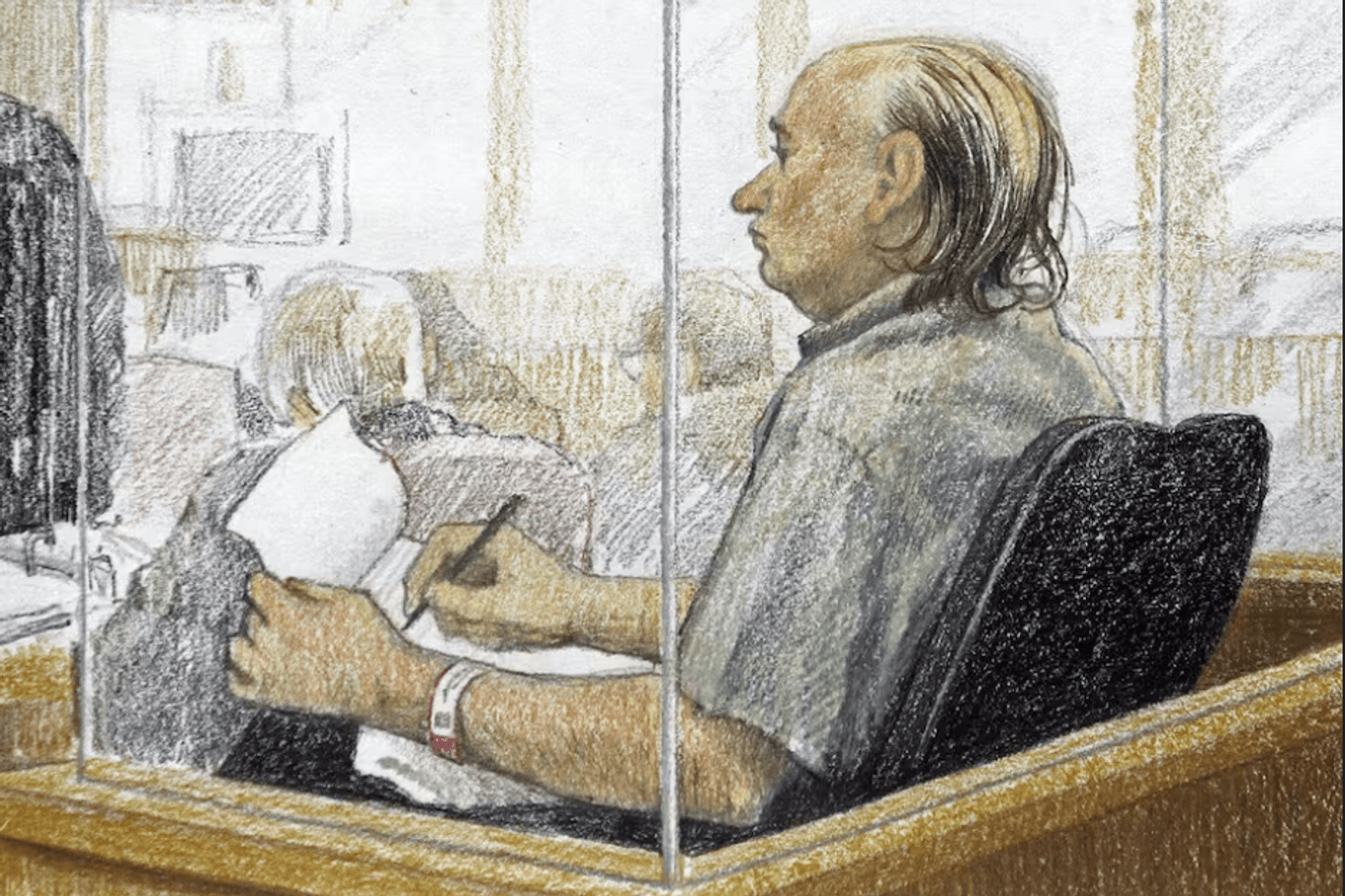 Diese Zeichnung zeigt Robert Pickton während einer Anhörung vor Gericht 2006.