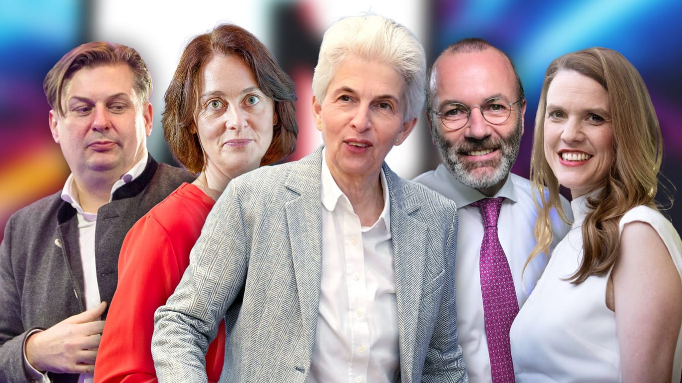 Die Europa-Kandidaten ihrer Parteien: Maximilian Krah (AfD, v.l.), Katarina Barley (SPD), Marie-Agnes Strack-Zimmermann (FDP), Manfred Weber (CDU/CSU) und Terry Reintke (Grüne).