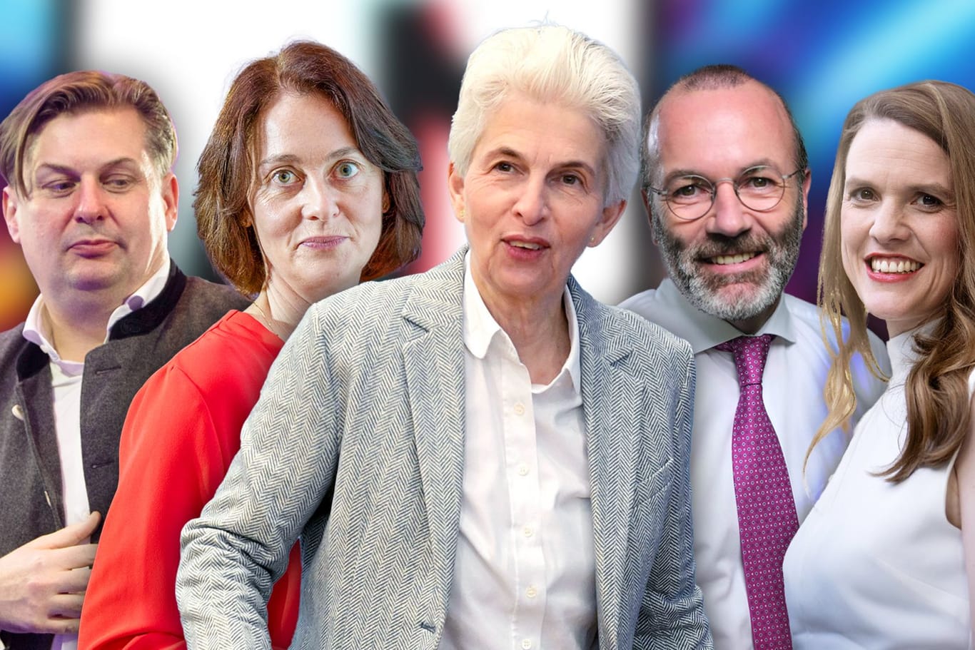 Die Europa-Kandidaten ihrer Parteien: Maximilian Krah (AfD, v.l.), Katarina Barley (SPD), Marie-Agnes Strack-Zimmermann (FDP), Manfred Weber (CDU/CSU) und Terry Reintke (Grüne).