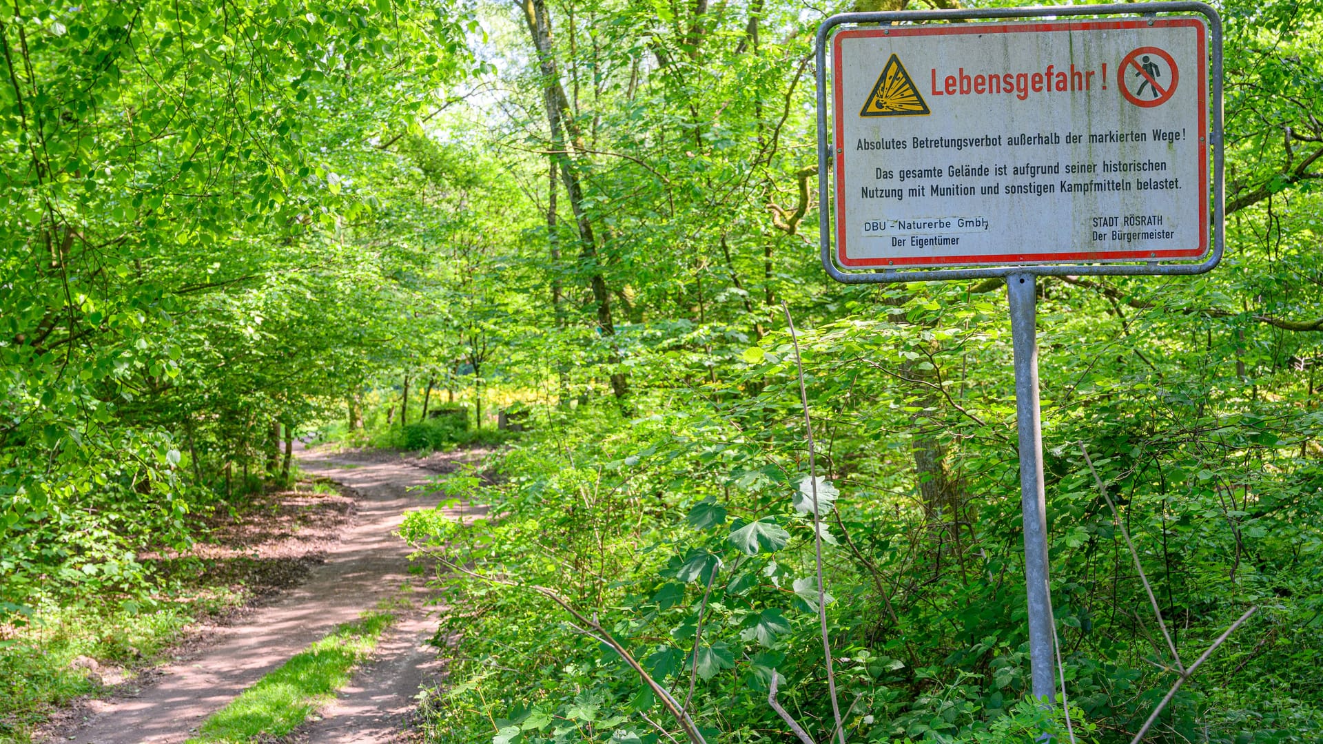 Ein Schild warnt in der Wahner Heide davor, die Wege zu verlassen.