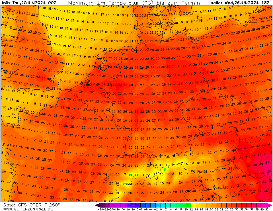 Es wird heiß in Deutschland: Die höchsten Werte für kommenden Mittwoch berechnet das US-Wettermodells GFS für Essen und Umgebung.