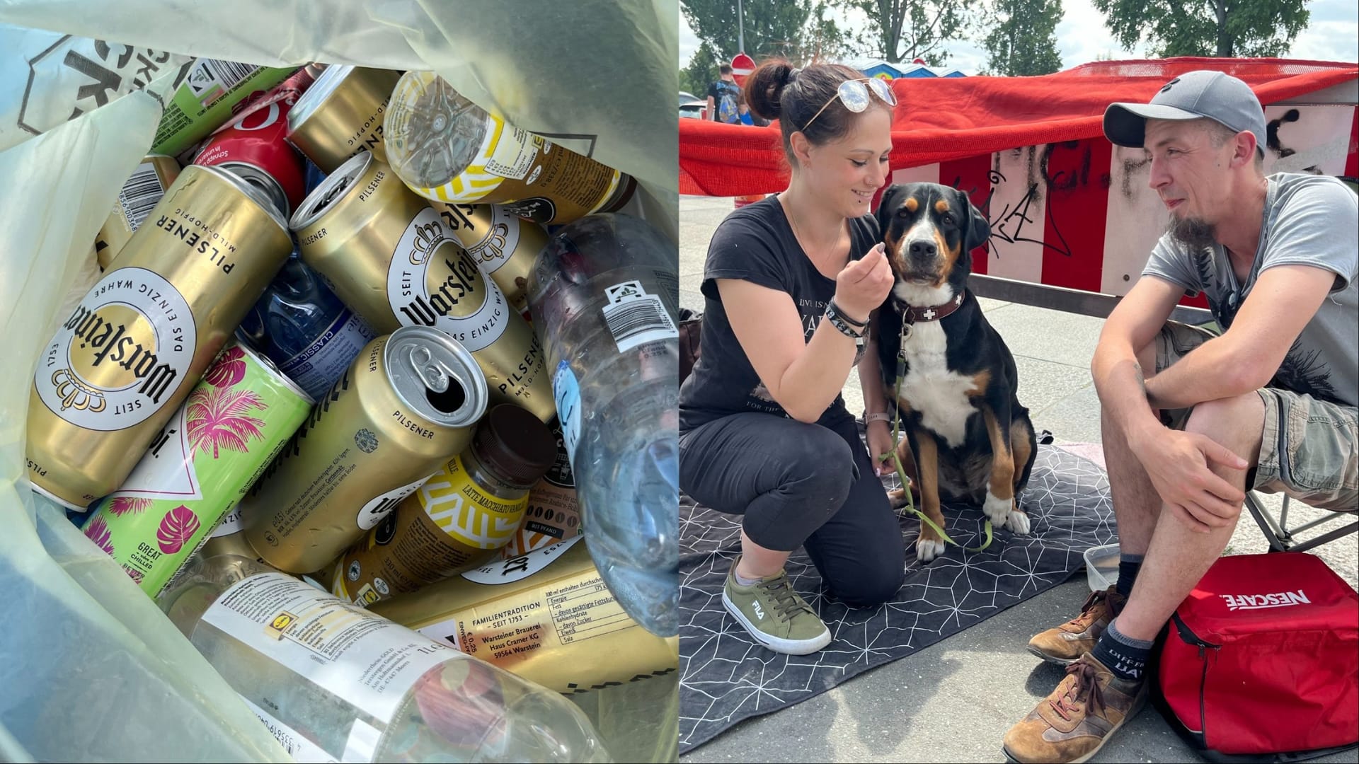 Unzählige Menschen sammeln während Rock im Park Flaschen: Sie könnten nicht unterschiedlicher sein – Rahel und Aux sammeln etwa für ihre Hündin Emelie.