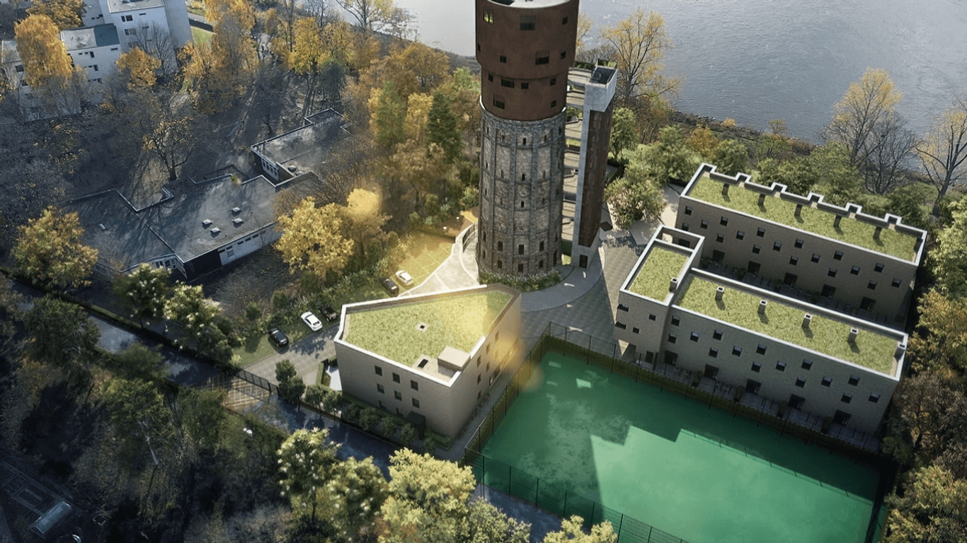 Blick auf den historischen Wasserturm. Die Luxusimmobilien sind nicht für jedermann zugänglich.