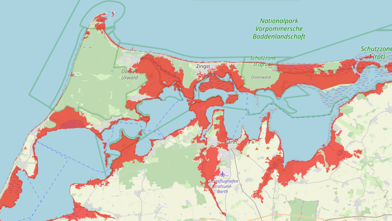In einem Szenario der HCU Hamburg würden weite Teile der Halbinsel Fischland-Darß-Zingst im Meer versinken.