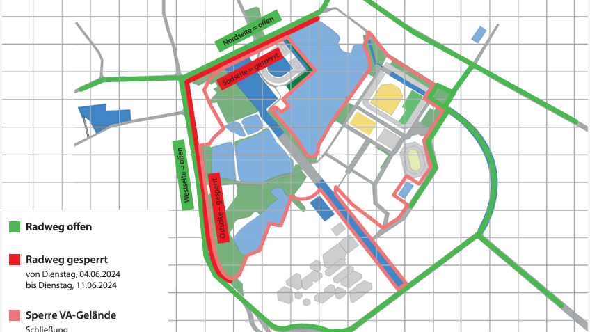 Innerhalb der roten Linie befindet sich das Festivalgelände: Es erstreckt sich rund um das Stadion sowie den Volkspark Dutzendteich – die Wege innerhalb des Geländes sind gesperrt.