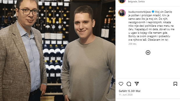 "Mein Sohn Danilo ist ein ehrlicher und anständiger junger Mann", schrieb Aleksandar Vučić (l.) 2020 zu diesem Foto bei Instagram.