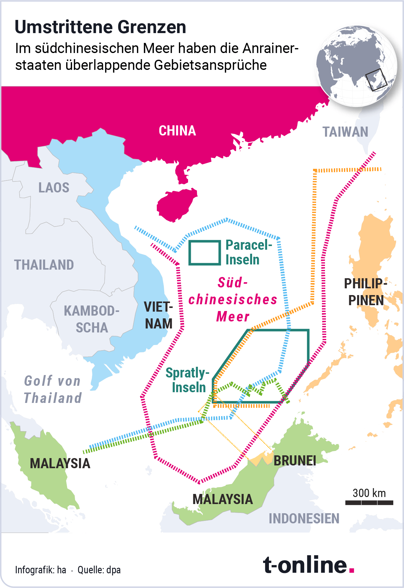 Die umstrittenen Grenzen im südchinesischen Meer.