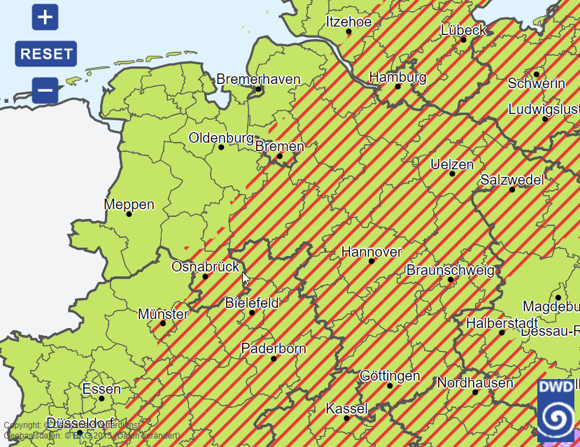 Vorhersage des Deutschen Wetterdienstes von 16 Uhr. Streifen kündigen Unwetter an.