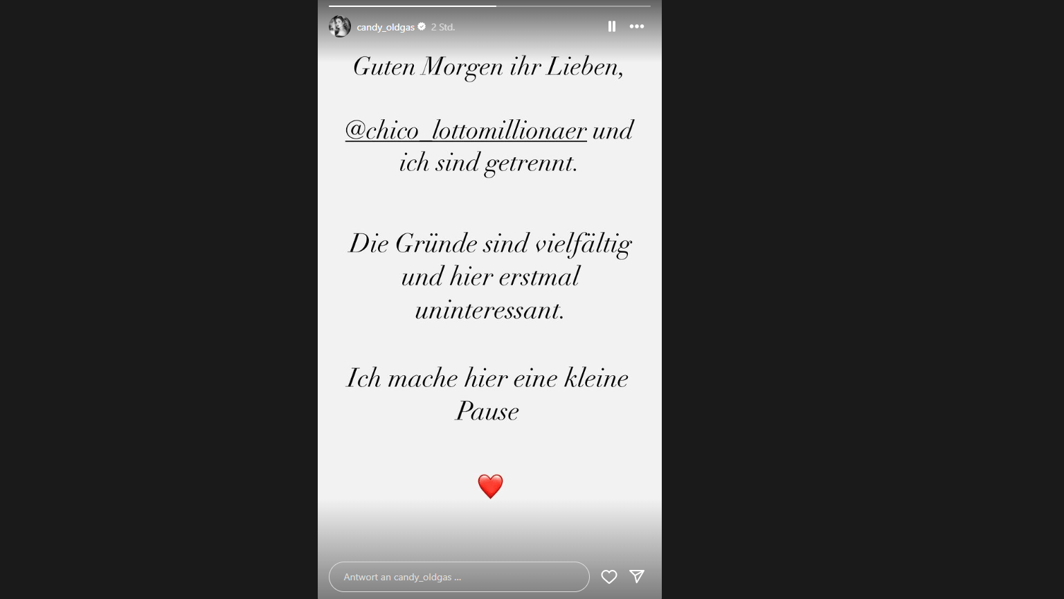 Screenshot von Instagram: Hier gab Candice N. die Trennung bekannt.