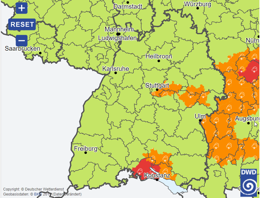 Unwetterprognose für Baden-Württemberg vom Deutschen Wetterdienst, 08.06.2024, 17:00 Uhr.