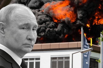 Putin vor dem brennenden Firmensitz von Diehl: