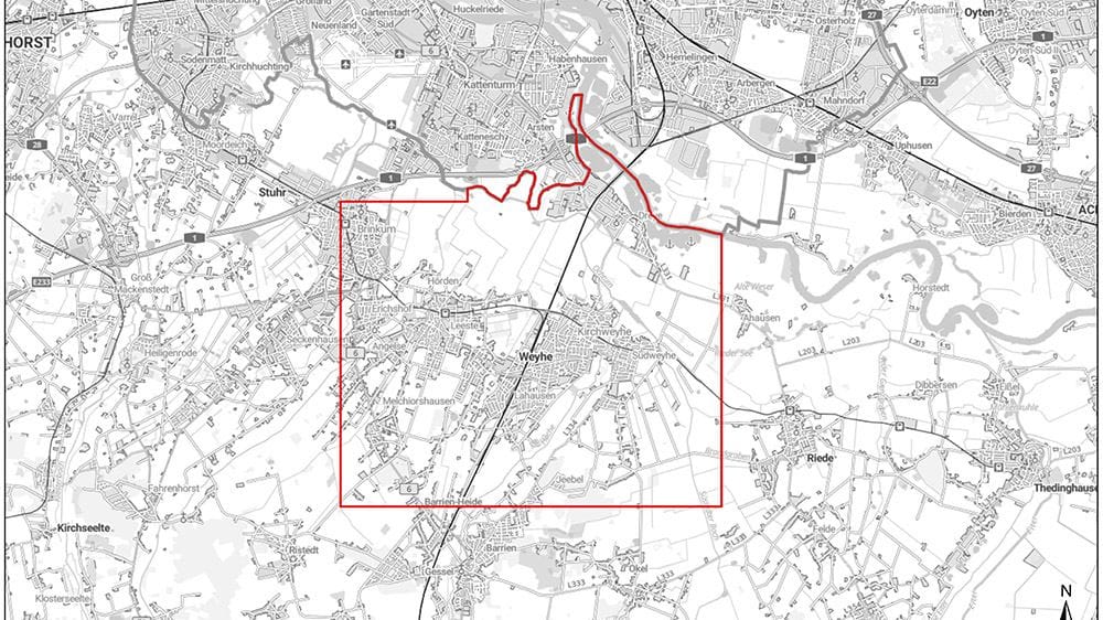 Das Erlaubnisfeld „Weyhe“ erstreckt sich südlich von Bremen rund um Weyhe und berührt Brinkum, Barrien und Riede.