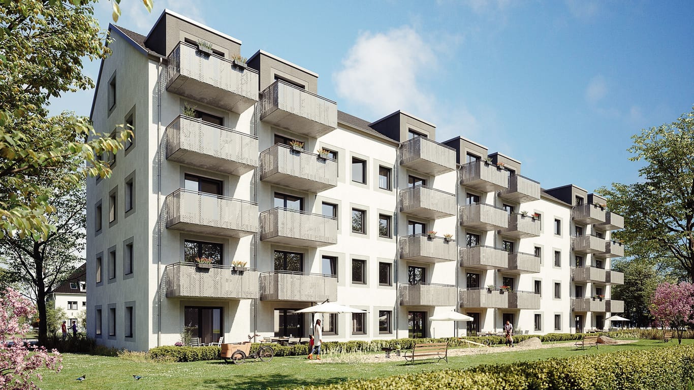 So soll der Saga-Neubau in Langenhorn aussehen (Visualisierung): Ab April 2025 sollen die 35 Wohnungen vermietet werden.