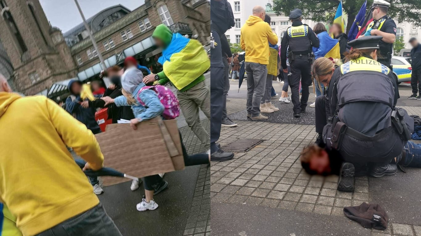 Links ist der Angriff, rechts der mutmaßliche Täter am Boden.