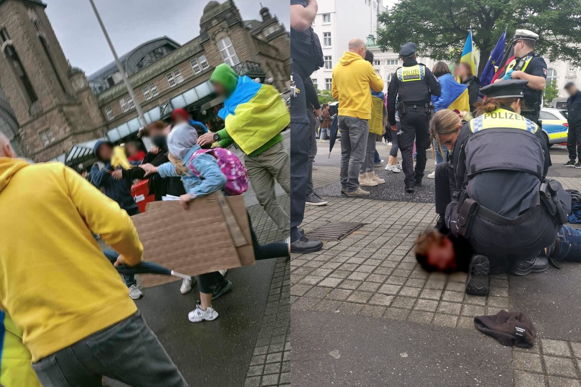 Links ist der Angriff, rechts der mutmaßliche Täter am Boden.