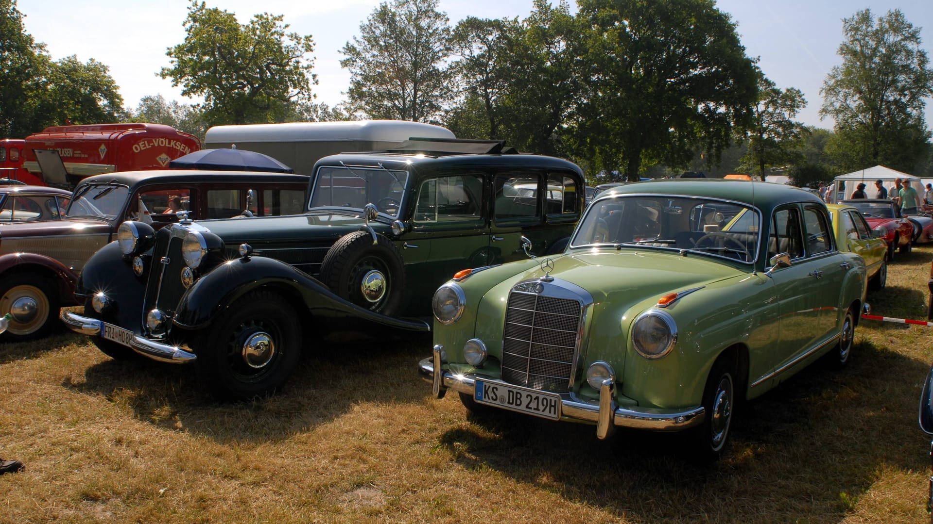 Ein grüner Mercedes (r.) steht neben einem Horch: Das Oldtimertreffen in Bockhorn zieht bis zu 20.000 Autofans an.