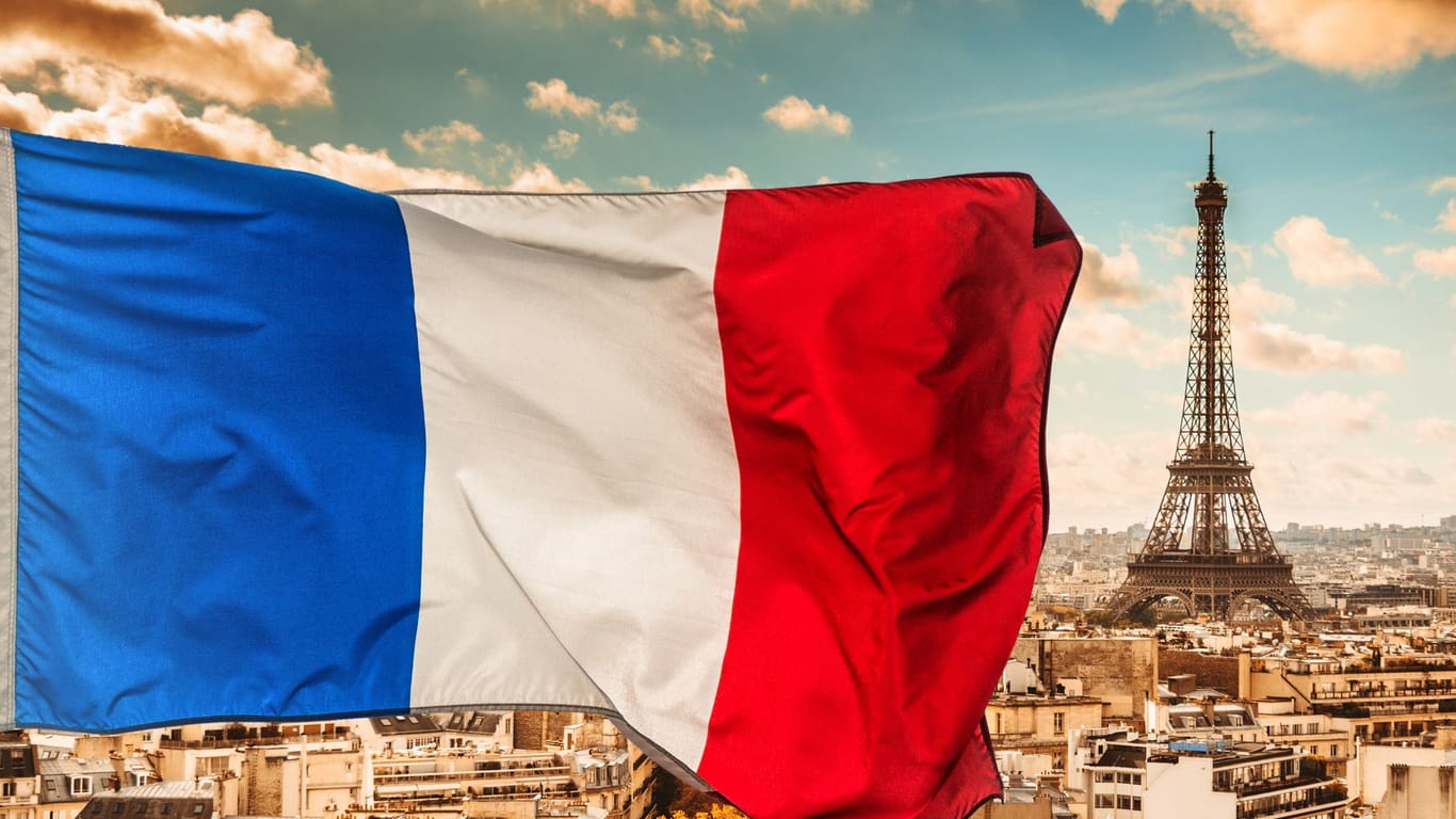 Skyline von Paris mit Eiffelturm und französischer Flagge