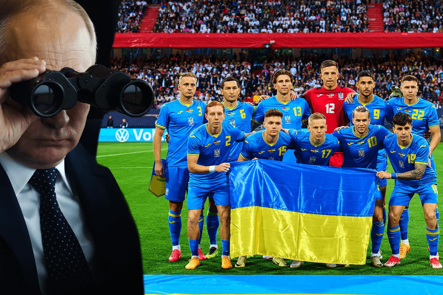 Kremlchef Wladimir Putin blickt auf die ukrainische Nationalmannschaft (Montage): Für die Spieler des Teams gelten während der EM besondere Sicherheitsvorkehrungen.